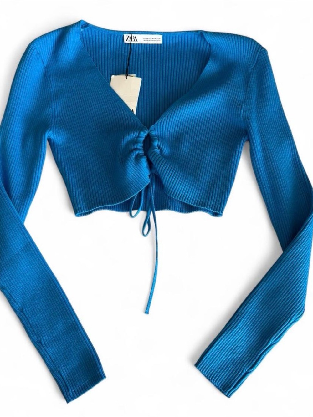 Zara Teal Blue Ribbed Drawstring Cropped Top